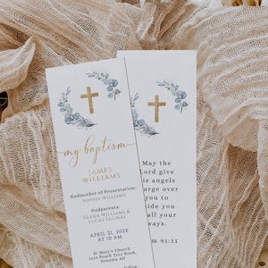 Minimalist my baptism prayer card printable, blue eucalyptus leaves baptism prayer card, gender neutral gold cross baptism prayer card -C100