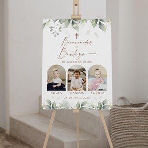 Greenery triplets bautizo welcome sign with photo template, green leaves cartel bienvenida bautizo niño nina, bienvenidos al bautizo -C749-t