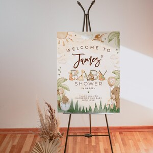 Dino baby shower welcome sign printable, beige and green dinosaur baby shower welcome poster, roar dino boy baby shower welcome sign - C478