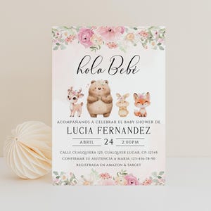 Hola bebé spanish baby shower invite template, animales del bosque baby shower invitación, floral woodland spanish baby shower invite - C770