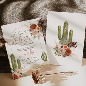 A sweet baby girl is on her way save the date printable, boho cactus baby shower save the date, desert baby shower save the date card - C411
