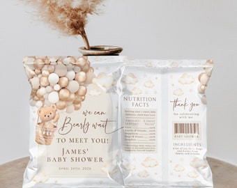 Baby shower we can bearly wait chip bag chip bag, gender neutral beige bear shower chip bag, beige balloons editable favor chip bag - C425