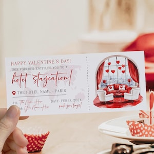 Valentine's day hotel staycation ticket printable, valentine's day hotel staycation gift card, valentines surprise hotel staycation voucher