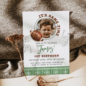 Football first birthday party invite printable, it&#39;s game time birthday party invitation with photo, boy sports ball birthday invite - C651
