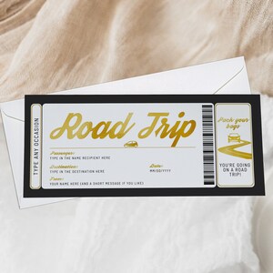 Printable road trip ticket gift, reveal surprise any occasion road trip travel coupon, black gold birthday boarding pass surprise vacation