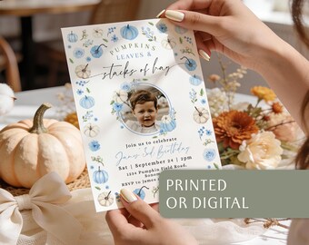 Blue Pumpkin Boy Third Birthday With Photo Invitation Printable: Fall Pumpkins 3rd Party Card - C803-b