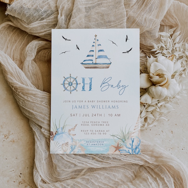 Boy nautical baby shower invite, sailboat baby shower invite, ocean and sea boy oh baby shower invitation template, marine baby shower -C234