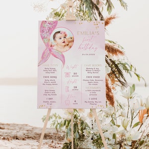 Mermaid tail first year milestone poster with photo, pink mermaid girl birthday milestone poster, sea 1st bday milestone sign template -C560