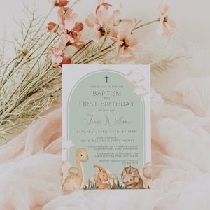 Baptism & 1st birthday dinosaur party invitation, greenery arch clouds baptism and first b-day invite card printable for little boy -  C349
