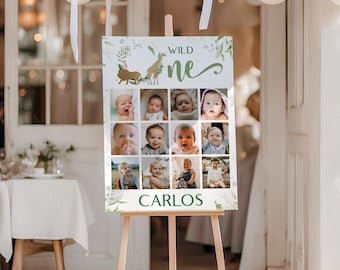 Wild one birthday photo collage template, 12 month photo collage sign, gold animal safari 1st birthday sign, baby's first year photo poster