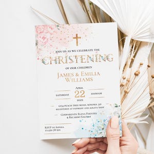 Blue and pink flowers baptism invitation printable, twins floral christening invitation, modern twins boy and girl christening invite - C1