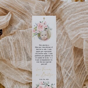 Oraciones de bautizo para niña printable, pink flowers bautizo bookmark with photo, floral bautizo tarjeta de oración en español - C302-g
