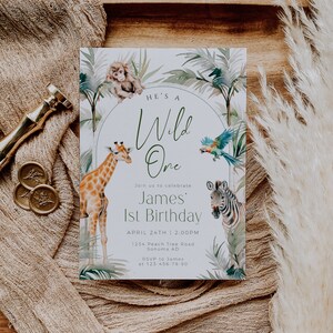 Safari wild one party birthday party invitation card printable, boy safari animal party invite, 1st birthday invite jungle themed decor-C462