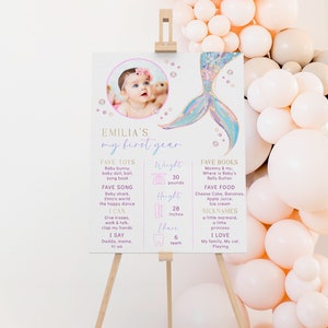 Mermaid tail first year milestone sign, under the sea girl 1st b day milestone poster, editable splish splash 1st bday milestone board -C559