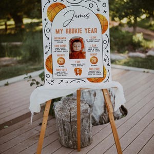 Basketball 1st bday milestone poster template, rookie year orange milestone poster, sports ball first birthday milestone with photo - C647