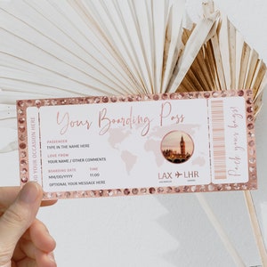 Custom boarding pass template, fake boarding ticket template, holiday surprise airline gift, rose gold boarding, special event trip gift