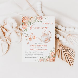 A baby is brewing editable baby shower invitation, orange flowers tea party baby shower invitation card, par-tea baby shower invite - C454