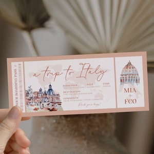 Editable Italy boarding pass ticket gift voucher, vacation ticket printable airline, flight surprise trip ticket travel to Italy fake pass