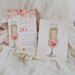 Champagne flower invitation for woman adult birthday invite in spanish printable, salud 30 años invitación español, adult b-day any age-C403