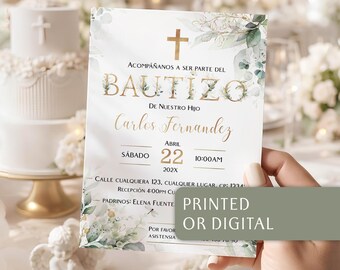 Eucalipto invitacion de bautizo, Invitacion bautizo en espanol, invitación bautizo niño, baptism invitation in spanish green gold letter
