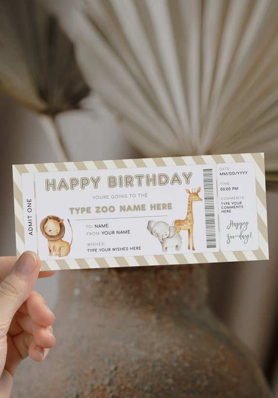 Zoo printable ticket, happy birthday Zoo gift voucher template DIY