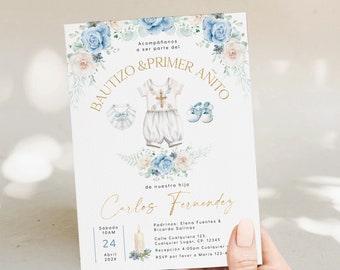 Editable niño bautizo & primer añito invitation in spanish, white blue floral elegant baptism 1st birthday invitation spanish for boy - C527