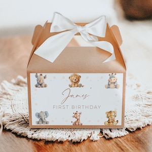 Safari animals 1st birthday party gable box labels, wild one first birthday gable box favor sticker, jungle animals birthday gable box -C565