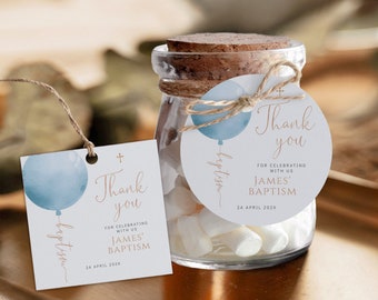 Blue gold watercolor baptism favor tags text editing printable, balloon religious favor tag, round square baptismal thank you tag label-C132