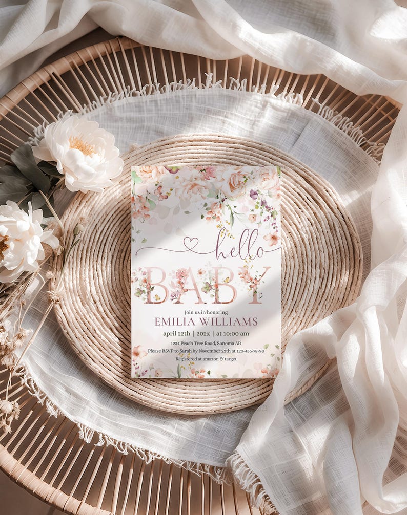 Blush pink floral hello baby invitation template, floral baby shower invitation for girl, floral girl invite, baby brunch sprinkle - C134 image 1
