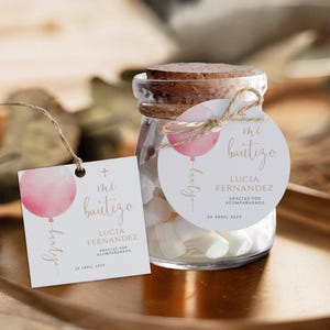 Pink gold gracias gift tags bautizo para el niña, pink balloon bautizo thank you tag printable, modern girl baptism spanish favor tag - C132