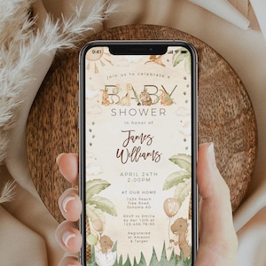 Dino baby shower electronic evite editable, beige dinosaurs baby shower invitation green decor, roar shower digital text sms invite - C478