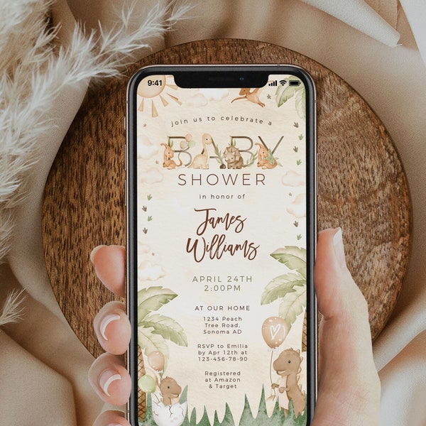 Dino baby shower electronic evite editable, beige dinosaurs baby shower invitation green decor, roar shower digital text sms invite - C478