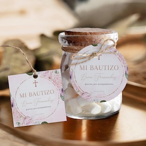 Floral bautizo gracias tags printable, pink and gold bautizo spanish thank you tag, blush pink flowers spanish baptism favor gift tag - C94