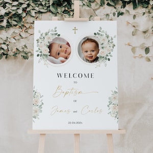 Baptism welcome sign twins boy, baptism welcome poster with photo template, floral eucalyptus baptism editable, twin christening board boy
