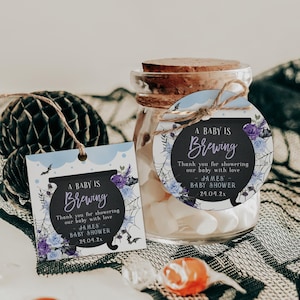 A baby is brewing thank you tag printable, bat spooky halloween baby shower favor gift tags, boy gothic floral baby shower gift tag - C298-b