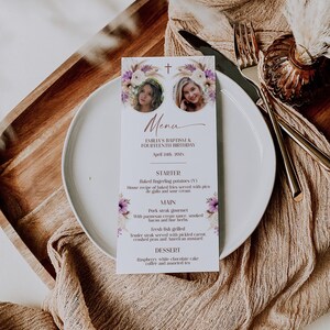 Beige and purple floral boho baptism and 14th birthday menu printable, bohemian christening & birthday party menu card with photo - C661