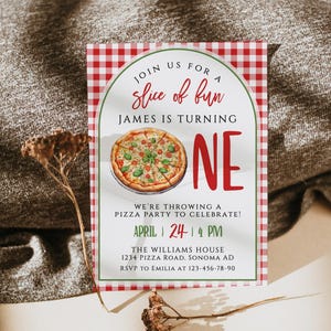 May include: A red and white checked invitation for a pizza party. The invitation reads "Join us for a slice of fun, James is turning one." It also includes a picture of a pizza and the date and time of the party.