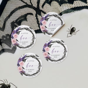 Halloween floral boo baby shower stickers printable, halloween bat girl favor labels, spooky round stickers baby shower party labels - C293