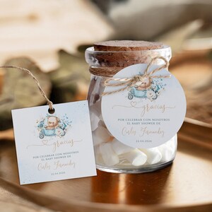 Gracias niño oco favor tag spanish, drive by baby shower tag template in spanish, blue floral gracias gift tag en español decoración - C264