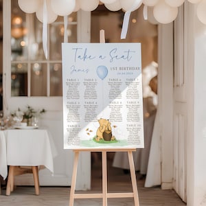 Boy Winnie The Pooh First Birthday Seating Chart Printable Blue Balloon Table Plan Sign - C538-b