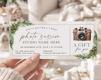 Christmas Photo Session Gift Ticket Certificate: Winter Holiday Vintage Camera Evergreen Photography Voucher
