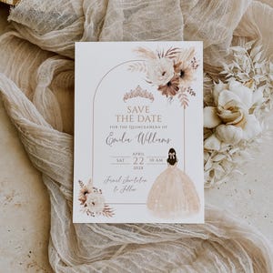 Bohemian quinceañera save the date printable, floral quinceañera save the date card, beige sweet 16 birthday party save the date card - C279