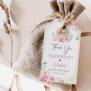 Nursery cradle baby shower thank you tag template, cradle girl baby shower tag, pink floral & eucalyptus baby shower favor gift tag - C754-g