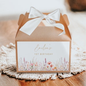 Floral first birthday party gable box sticker, editable wildflower 1st birthday party gable box labels, garden floral b-day gable box - C549