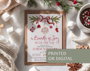 Winter Holiday Bundle of Joy Invitation: Christmas Sweater Ornament Red Ribbon Baby Shower Invite (Digital or Printed) - C886