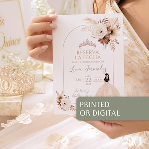 May include: A white rectangular invitation card featuring a gold arched frame, floral illustrations in beige and brown, a tiara graphic, and text reading RESERVA LA FECHA PARA LA QUINCEANERA DE Lucia Fernandez SAB 22 ABRIL 10 AM 202X. Includes a green overlay box.