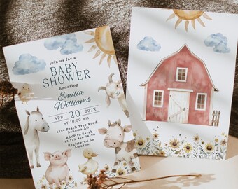 Cute Farm Animals Baby Shower Invitation Printable Red Barnyard Theme Party - C788