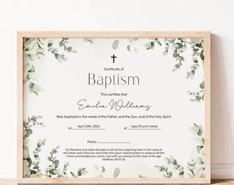 Eucaliptus greenery baptism certificate template, green dedication certificate printable, baptism gift baby christening certificate - C154