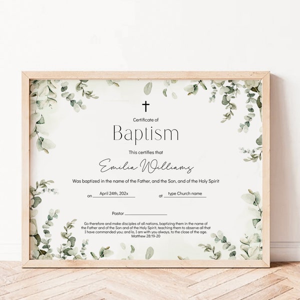 Eucaliptus greenery baptism certificate template, green dedication certificate printable, baptism gift baby christening certificate - C154