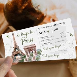 Trip to Paris vacation airline ticket gift voucher, eiffel tower boarding pass ticket, france surprise gift ticket, editable travel ticket